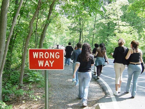 A group of people walking away from the camera down a tree-lined road, passing a red sign with white lettering that says 'WRONG WAY'.