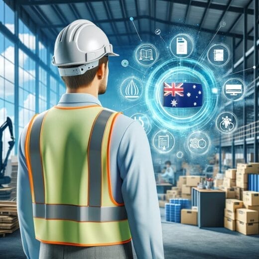 Realistic depiction of a diverse worker in safety gear within a hybrid office-industrial setting, embodying Australian WHS Regulations.