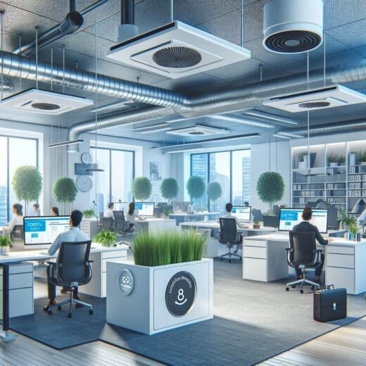 Modern Australian office with advanced air quality and ventilation systems, including HEPA filters and smart controls, amidst productive employees."