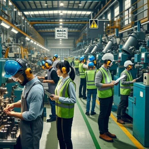 Diverse group of workers in a factory, wearing ear protection and adhering to workplace noise standards.