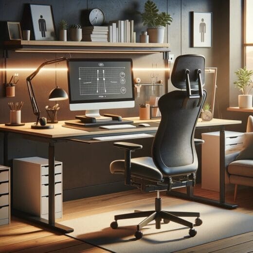 Illustration of an ergonomic office workspace with an adjustable chair, desk at correct height, monitor at eye level, and properly placed keyboard and mouse.