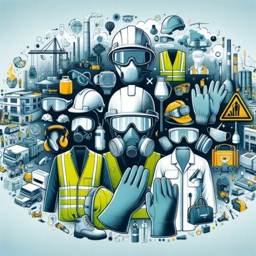 Illustration of various PPE items used in construction, healthcare, and manufacturing, set against PPE industry standards.