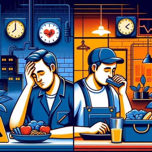 Illustration of a shift worker's dual experiences: fatigued at night in a factory and rejuvenated during a daytime break with shift worker health risk symbols in the background.