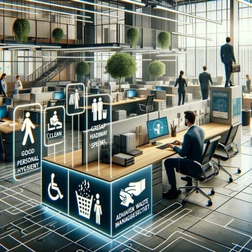 A modern office with employees practicing good personal hygiene, clean workstations, advanced ventilation, and effective waste management, highlighting workplace hygiene standards.