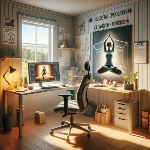 A hyperrealistic image of an ergonomic home office, with a person doing yoga and a safety checklist on the wall, illustrating remote work health.