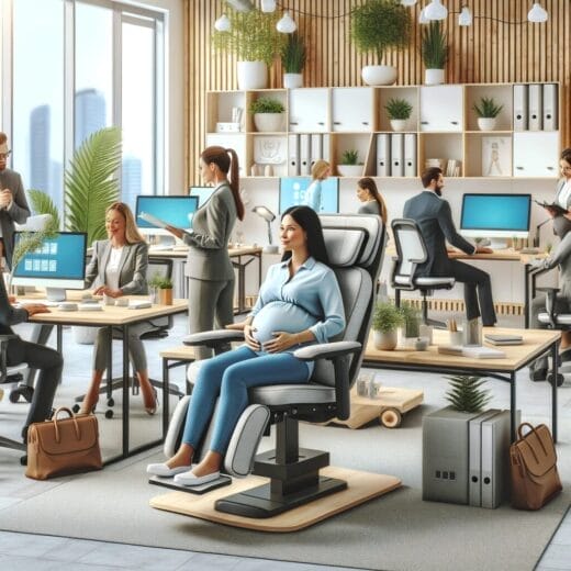 A modern office with ergonomic furniture and facilities for pregnant workers, including adjustable desks and rest areas, with a diverse team working comfortably.