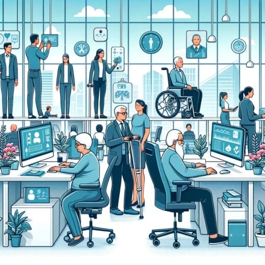 Illustration of a diverse workplace with employees of varying ages using ergonomic and technologically advanced equipment, embodying age specific health standards.