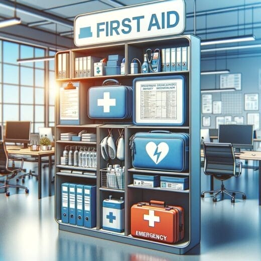 Illustration of a well-equipped workplace first aid station in an office setting demonstrating workplace first aid standards.