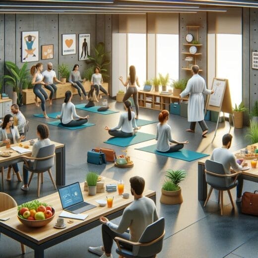 An office environment showcasing good wellness program guidelines with employees doing yoga and attending a mental health workshop, surrounded by plants and motivational posters.