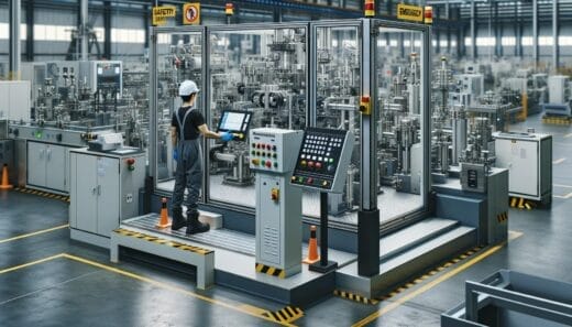 Industrial setting with machinery having advanced machinery safety standards features and workers in safety gear adhering to safety protocols.