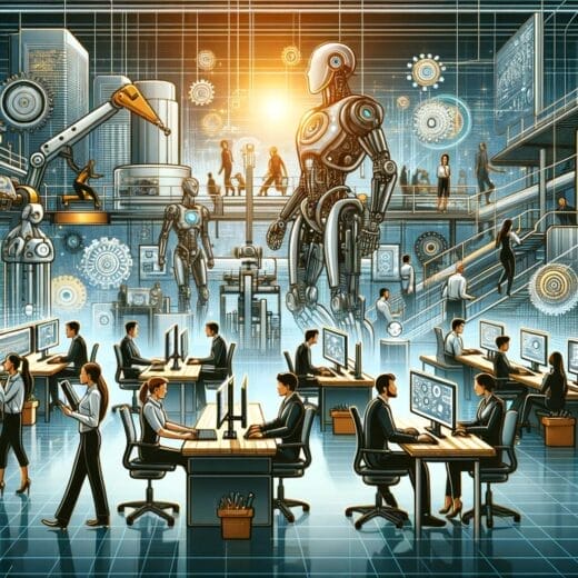 Illustration depicting the Technology Health Impact in a modern workplace with both humans and robots, highlighting ergonomic designs and diverse employee experiences.