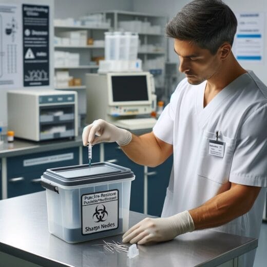 A healthcare worker in a laboratory disposing of a needle into a sharps container, with signs for 'Sharps Handling Guidelines' visible.